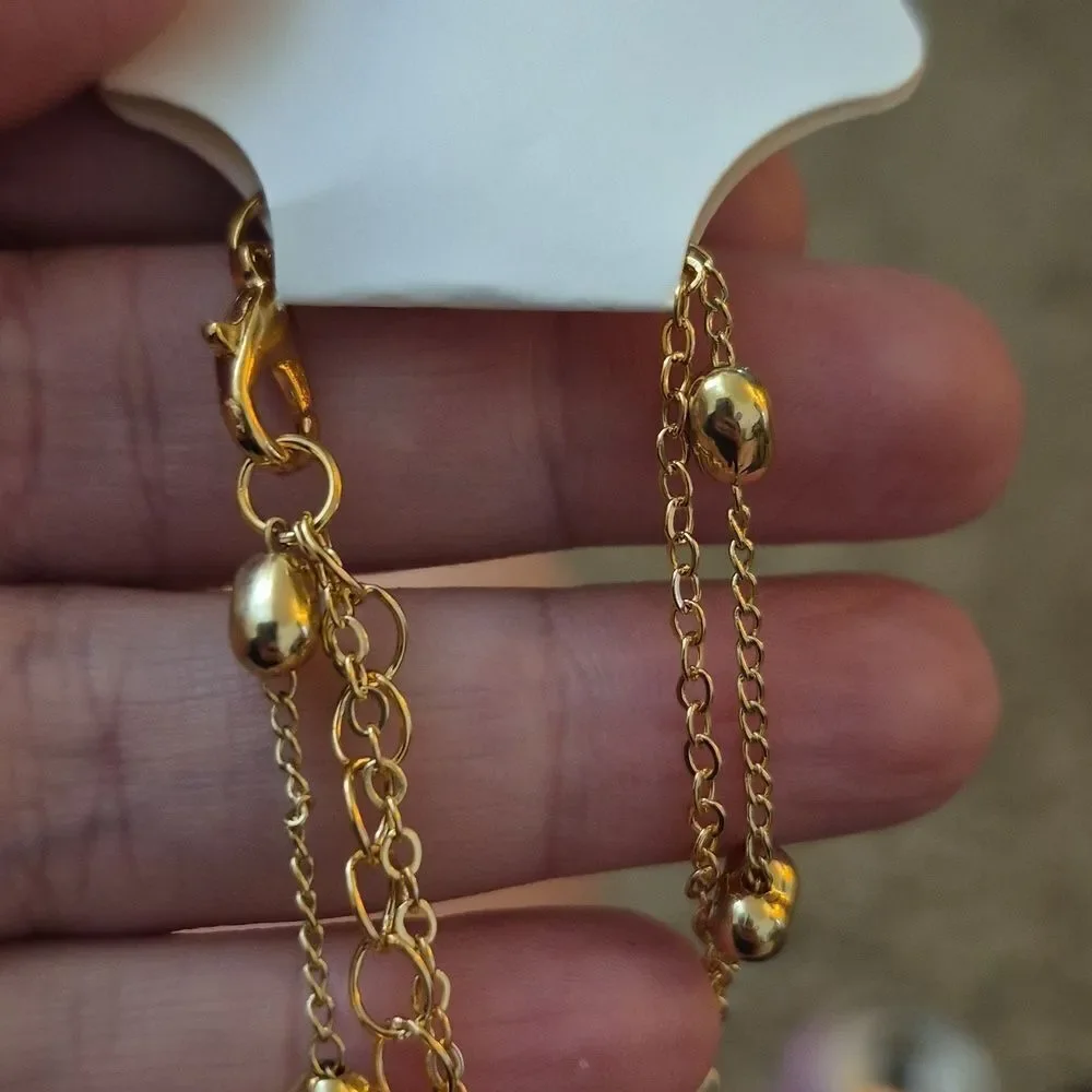 ♡♡♡ Layered Heart Pendant Necklace Gold Plated Beaded Chain Set of 2